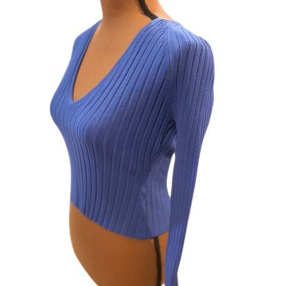 Zara Ribbed Deep-V Cropped Long Sleeve Sweater in Blue – Size Medium - Picture 3 of 7